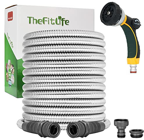 TheFitLife Metal Garden Hose Pipe - Flexible Stainless Steel Water Hose with Solid Fittings and Sprayer Nozzle - Leak Proof Kink Free, Anti-Rust, Large Diameter, Durable and Easy Storage (22m)