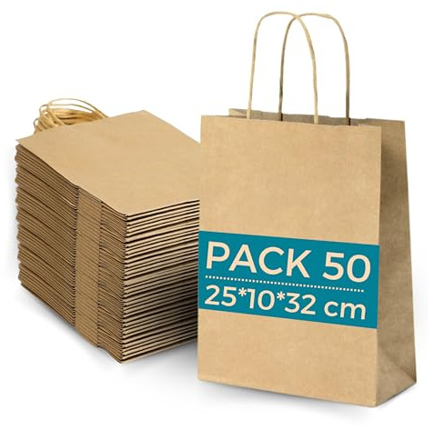 50x Brun Kraft Papperspåse med handtag 25x10x32cm Shopping Gåvor Bröllop