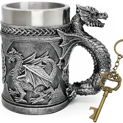 Medieval D&D Dragon Game Mug of Thrones Merchandise 21oz Large Beer Steins Viking Tankard Stainless Coffee Cup Gift Mug for Dragon Collector, Themed Party Decoration