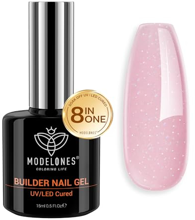 modelones Aufbaugel für Gelnägel, UV/LED Nagellack, Builder Gel zur Nagelverlängerung und Modellage, Nail Art Gel Nagel, Farbgel für Gelnägel 15ML Glitzer Rosa