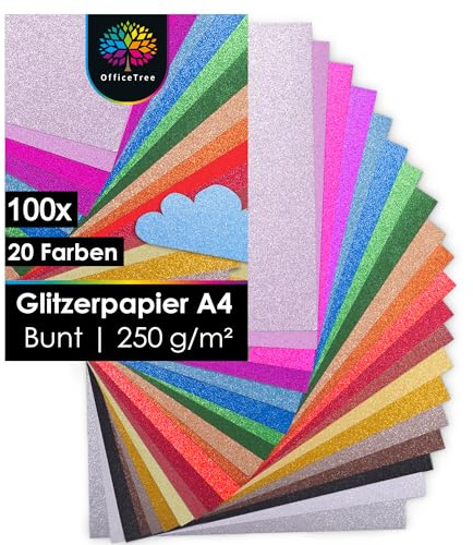 OfficeTree 100 x Glitzerpapier zum Basteln A4 – 20 Farben 250g/m² - Glitzer Papier A4 Bunt - Glitzer Bastelpapier - Glitzer Karton zum Basteln und Gestalten