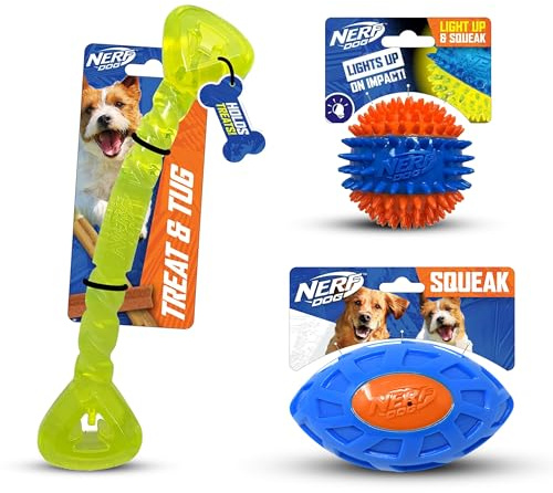 Nerf Dog Juego de Regalo de Tres Juguetes: Bola chirriante de Pinchos, Hueso de Regalo y Juego de Regalo de fútbol Exo Squeak
