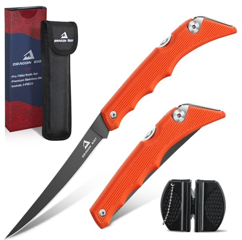 DRAGON RIOT Filetiermesser Fisch Profi, Angelmesser Klappbar, Edelstahl Fischmesser mit Anti-Rutsch-Griff, Fischmesser Angeln, Outdoor-Messer für Fisch und Fleisch