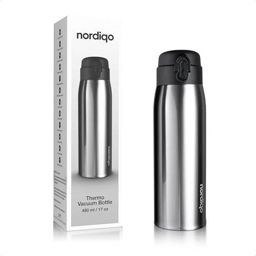 Nordiqo Thermosflasche 500ml / 0,5l (net 480) Edelstahl S316. 8h Heiß, 24h Kalt Trinkflasche. Kaffee, Tee & Wasser. 2 BPA-freien Deckeln. Auslaufsicher. Ultraleicht. Thermoskanne, Spülmaschinenfest