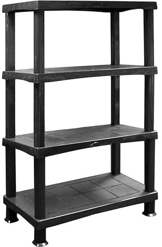 SIDSONS - 4 Tier Plastic Black Shelving Storage Unit - Free Standing Racks - Each Shelf Can Hold Up to 25kg - Heavy Duty Organizer Rack for Home & Office - (1x, Black - 4 Tier Shelf)