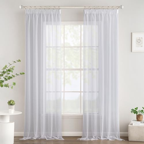 Woaboy Gardinen mit Kräuselband Voile Wohnzimmer 2er Set 140x200 cm Weiß | Vorhänge Transparent Sheer Curtains Stores Gardine Schlafzimmer Modern Schlaufengardinen