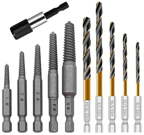 11 Pcs Screw Extractor and Left-Hand Drill Bit Set, Easy Out Broken Bolt Remover Reverse HSS Cobalt Drill Screw Extractor Kit, 1/4'' Adaptor,Ez Out Stripped, Rounded-Off, Damaged Broken Screw Bolts