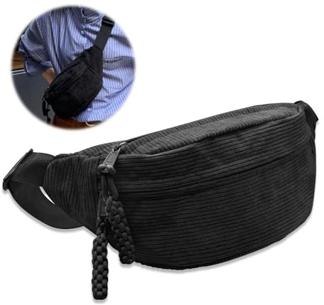 Bauchtasche Cord Umhängetasche Cord Schwarz Modische Hüfttasche | Bauchtasche Festival Freizeit Sport Hüfttaschen Crossbody Bag mit Schultergurt Einstellbar Unisex für Damen Herren