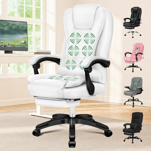 ELFORDSON Executive Office Chair with 8-point Massage Seat Heated, PC Desk Gaming Chair with Armrests Footrest High Back 150° Reclining Tilt Padded Swivel PU Leather, White
