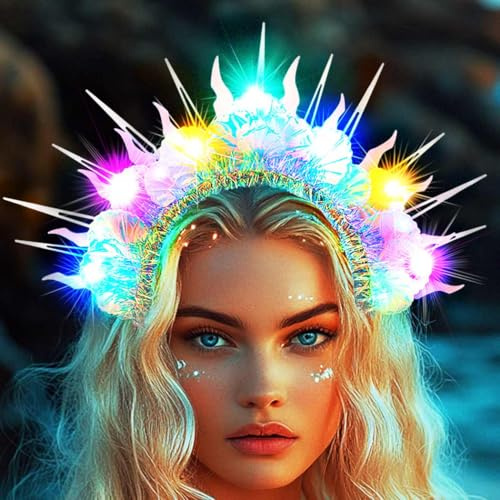Vakkery LED Muschel Haarreif Leuchtender Halo Kronen Stirnbänder Meerjungfrau Kostüm Haarband Kopfschmuck Blinkender Halloween Festival Haarschmuck für Damen