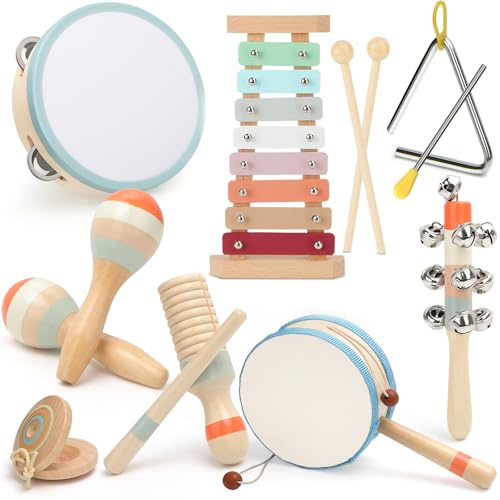 10 In 1 Kinder Musikinstrumente, Kinderspielzeug ab 3 Jahre, Montessori Spielzeug, Holzspielzeug Baby Schlagzeug Kinder Trommel, Percussion-Instrumente Set, Geschenkideen für Jungen Mädchen 3+