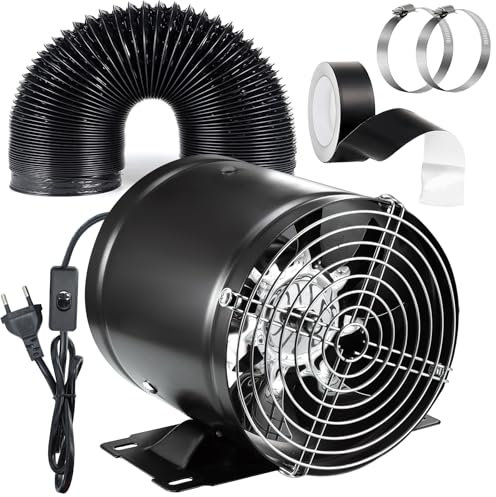 Hose Vary 150mm Lüftungsset Inline Rohrventilator, Metall Ventilator Kit mit Druckschalter, 2m Abluftschlauch, Klebeband für Badezimmer, Garage, Gewächshaus - Schwarz