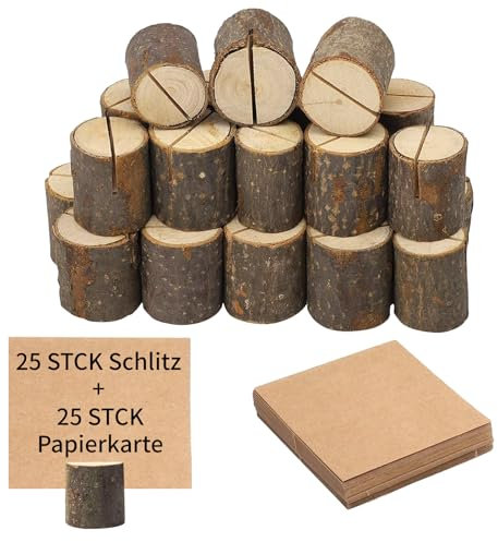 ZHTLTHZ 25 Stück Kartenhalter Holz 3.2*3.2cm + 25 Kraftpapier, Menükartenhalter Tischkartenhalter Platzkartenhalter Halterung für Getränkekarten - für Hochzeiten, Taufe, Weihnachten, Geburtstage