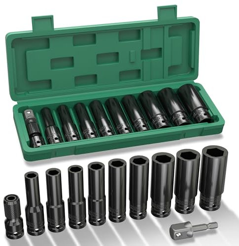KeZaara 1/2 Set Chiavi a Bussola Esagonali, Cassetta Chiavi a Bussola 11 Pezzi, 10-24mm, e 2 Adattatore a Bussola 1/4, para Riparazioni Auto Cambio Gomme