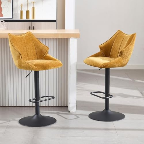 chairus Bar Stools Set of 2 Chenille Swivel High Stool Adjustable Upholstered Breakfast Bar Chairs with Back, Yellow