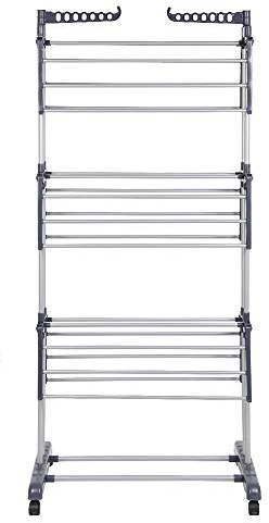 HUOLE Séchoir - Étendoir à Linge Pliable - Tour de séchage 3 Couches - Tour de Lavage, Etendage à Linge -en Acier Inoxydable, pour l'intérieur et l'extérieur (75-126)*64 * 170cm (Gris+Argent)