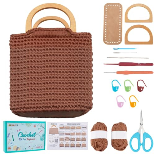 FREEBLOSS Häkeltaschen Set Für Anfänger Handtaschen Bastelset Häkel Starterset Mit Anleitung Unterseite Aus PU Leder D Förmiger Holzgriff Handgefertigte DIY Tasche Mit Stoffstreifengarn