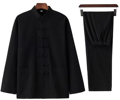 DAYKET Abbigliamento Tai Chi da Uomo, Uniforme Tradizionale Cinese per Arti Marziali, Set di Kung Fu in Cotone e Lino, Camicia a Maniche Lunghe, Pantaloni e Completo,Black-XL