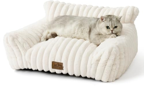 COZY KISS Orthopädisches Großes Katzenbett - 65x44x30cm Cord-Kunstfell Hundebett-Sofa für Kleine Hunde, Waschbar Große Katzen Katzensofa, Kuscheliges Katzencouch mit Kopf- und Nackenstütze, Creme
