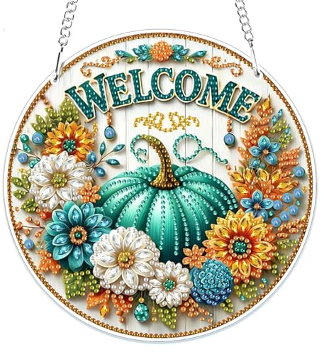 MOGTAA Adornos colgantes de diamantes de otoño con cadena, kits de pintura de diamantes de paisaje de flores para adultos y niños, pintura de diamantes de imitación de cristal, arte de gemas de