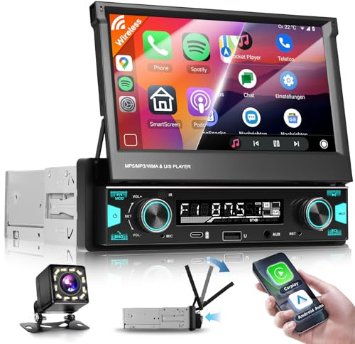 VECHTEL Autoradio 1 DIN Carplay Android Auto Wireless con schermo da 7 pollici estensibile manualmente,AM/FM/RDS radio 1 DIN con Bluetooth GPS/Navi,Mirror Link,USB/Type-C con telecamera posteriore