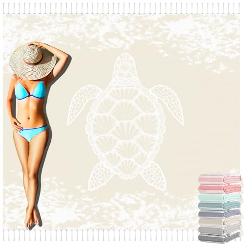 Yongoes Oversized Turkish Beach Towel Blanket Cotton Giant XL Sandproof Towels Huge Linen XXL Extra Large Big Throw Quilt Blankets for Adults Beige Turtle
