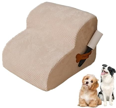 Hundtrappa för små hundar, plyschöverdrag, tvättbart, husdjurstrapa, kattrappa, hundramp för säng, soffa, bil, halkfri, låg lutning (beige, 48 x 40 x 30 cm, 2)