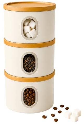LENAK Tea Coffee Sugar Canister Set, Stackable Airtight Food Storage, Kitchen Storage Containers, Jars Tin With Transparent Window (Cream)