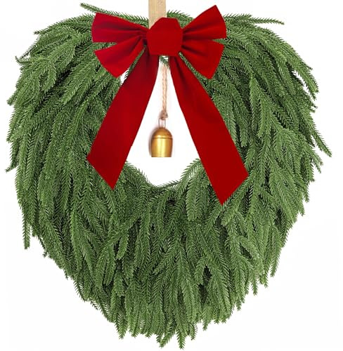 AMORISE 24 Norfolk Pine Wreath, Artificial Christmas Wreaths, Real Touch Green Winter Garland for Front Door Wall Indoor Outdoor Christmas Holiday Decor, with Bow & Bell, FF12