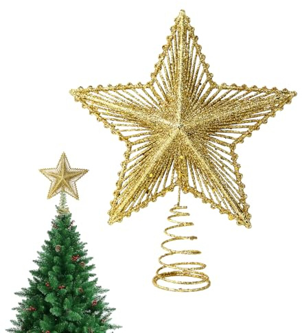 SSKHE Étoile Pointe Sapin de Noël - Décoration Étoile Glitter Christmas Tree Topper Decoration Christmas Tree Star Decorations Reusable, Étoile Pailletée Dorée, Décor Noël Festive Vacances (Or)