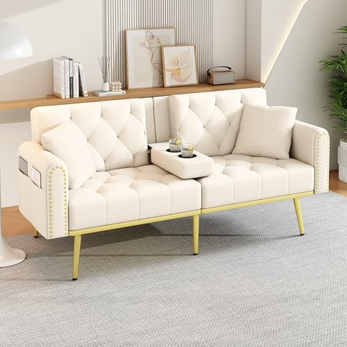 Merax Schlafsofa Klappbares Sofa mit Schlaffunktion, 2 Sitzer klappsofa mit Verstellbarer Rückenlehne und Liegefunktion - Sofabett aus Samtstoff, für Wohnzimmer/Schlafzimmer/Gästezimmer, Beige