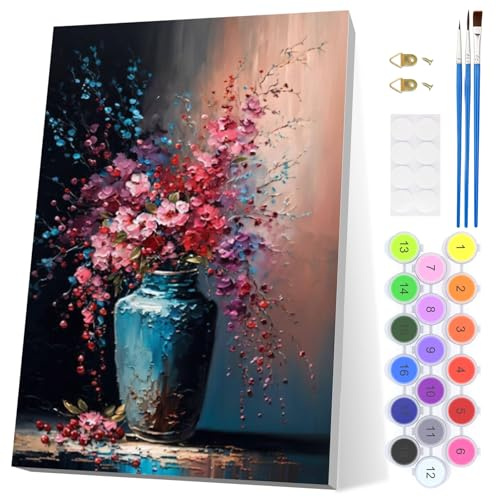 EOBROMD Pintar por Numeros Adultos, Flores en un Jarrón Pintura por Numeros con Marco, Kit de Pintura al óleo de Lienzo DIY para con Pinceles, Pigmento Acrílico, Decoración para el Hogar 20x30cm