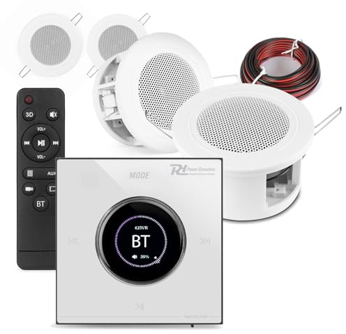 Power Dynamics Powerline B100W Bluetooth Compact Ceiling Speaker System, 4x 3 Ultra-Compact Ceiling Speakers, In-Wall Amplifier with LCD, Speaker Cable Kit – Home Audio Solution