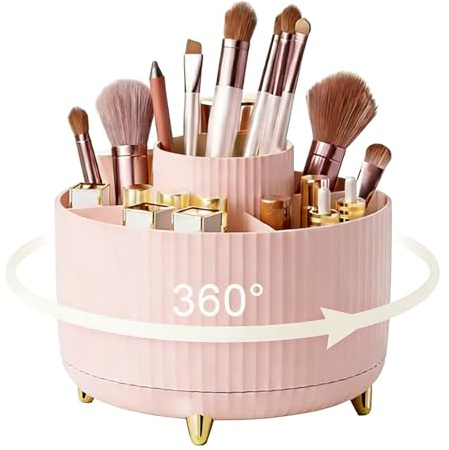360° Rotating Makeup Organiser with 5 Compartments, Makeup Brush Holder Dressing Table Organiser for Cosmetics Skincare Perfume Storage, Vanity Organiser for Bedroom Bathroom Office (Pink)