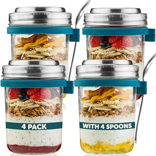 OATOLOGY Glass Overnight Oats Jar Container | Unique Leakproof Stainless Steel Lids, Spoon, Thick Glass | Breakfast Pots Mason Jars for Chia Pudding Granola Yoghurt Porridge Cereal On-the-Go | 4 pack