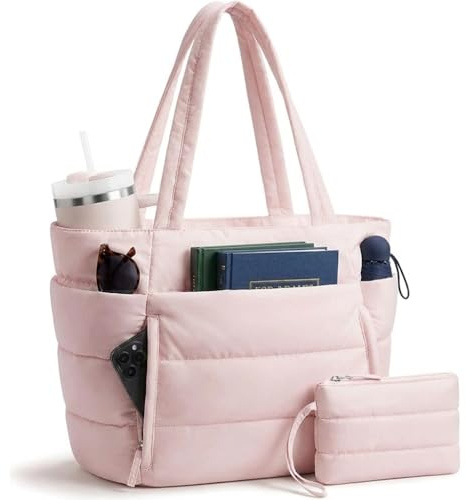 WENXIN Damen Shopper Tasche Leicht Handtasche, 20L Große Gesteppte Puffer Tote Bag mit Vielen Fächern & Reißverschluss, 15,6 Zoll Laptopfach Arbeitstasche Schultasche für Büro Uni Reisen (Rosa)