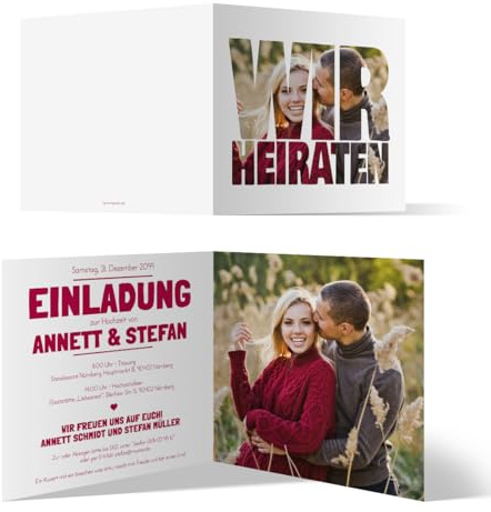 Personalisierte Einladungskarten zur Hochzeit (10 bis 100 Stück wählbar) - Fotoschrift Bildausschnitt - Hochzeitskarten Hochzeitseinladungen mit Bild und Text, dickes Papier, Briefumschläge optional