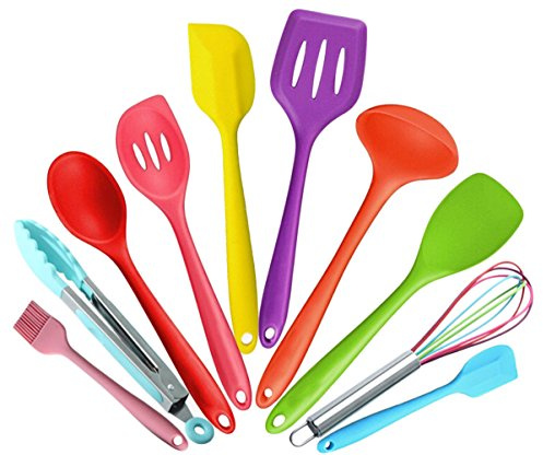 Malayas - 10 Piece Home Silicone Kitchen Utensils Set,Heat Resistant Multicolor Kitchen Cooking Set Including Brush, Tongs, Spoon, Slotted Spoon, Large Spatula, Slotted Turner, ladle, Baking Spoonula