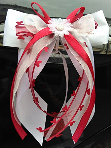 Miya@ 10 hochwertige Handgemacht Weiss Antenneschleifen mit Herzschleifen aus Satin, Auto Schleifen, Hochzeit Deko, Autoschmuck (5cmweinrot)