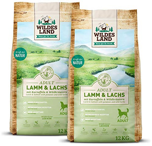 WILDES LAND – Lamm & Lachs | Trockenfutter mit extra hohem Fleischanteil und natürlichen Zutaten für ausgewachsene Hunde. Alleinfutter ohne Zusatzstoffe im Beutel | 24kg Lamm & Lachs