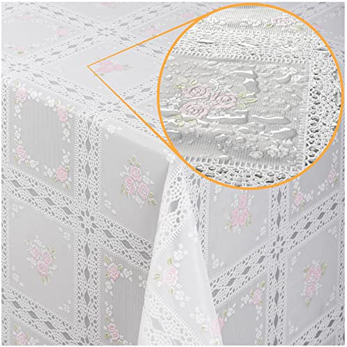 ANRO Tischdecke Lace Vinyl Wachstuch Häkel Spitze Optik Wasserfest Blumen Karo Rosa/Weiß Wachstuchtischdecke Wachstischdecke abwaschbar wasserabweisend Gartentischdecke Meterware 240x138cm
