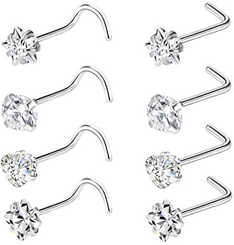 BODYA 8Pcs Nose Piercing Studs 316L Surgical Stainless Steel L Shaped Nose Piercing Jewelry