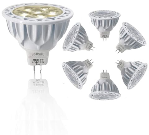 JSVSAL Paquete de 6 bombillas LED MR16 regulables de 5 W, equivalente a halógeno de 50 W, blanco natural de 4000 K, AC/DC 12 voltios, base GU5.3 bipin, iluminación de punto de 40 grados para