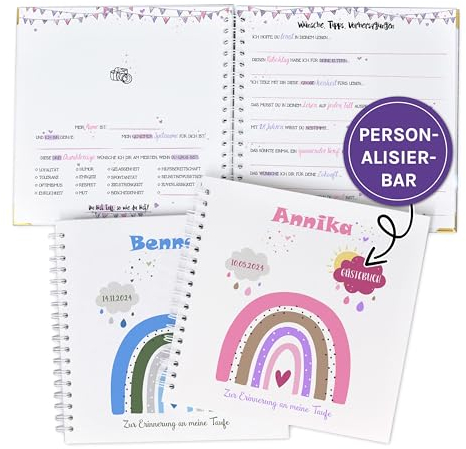 Gästebuch zur Taufe oder zum 1.Geburtstag mit vorgedruckten Fragen zum Ausfüllen für die Gäste als Erinnerung, mit Name und Datum personalisierbares Erinnerungsalbum, Taufgeschenk, Regenbogen