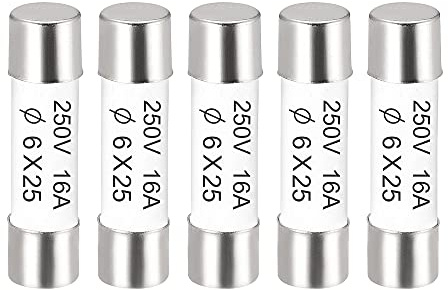 sourcing map 5er Packung Keramik Sicherung 16A, 6x25mm Feinsicherungen Schnellschlag Auslösecharakteristik Sicherung 250V für Leiterplatten Elektronische Geräte
