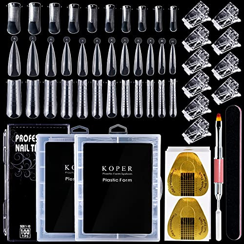 EBANKU Faux Ongles Capsules Ongles Art avec 3 Formes d'ongles Doubles, Pinceau et Cueilleur de Gel à Double Extrémité, 1 Lime à Ongles, 10 Pinces à Ongles et 50 Formes d'ongles en fer à Cheval