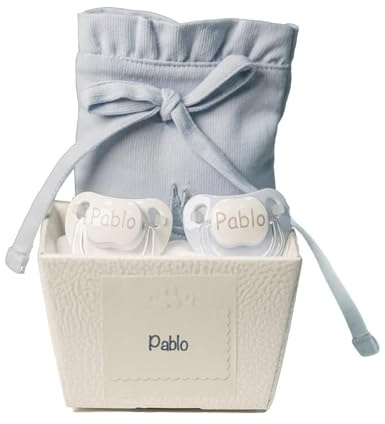 Schnuller für Babys, personalisierbar mit Namen, für Babys von 0-6 Monaten, BPA-frei, präsentiert in eleganter Vintage-Box (Blau, 2 Schnuller + Tasche) | BebeDeParis