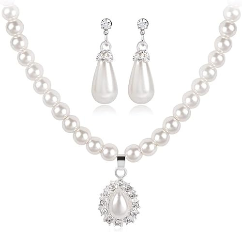 TOFBS Perlenhalskette Schmuckset Tropfenanhänger Kristall Blumen Verzierung Mehrreihig Brautschmuck Elegante Ohrringe Damen Accessoires
