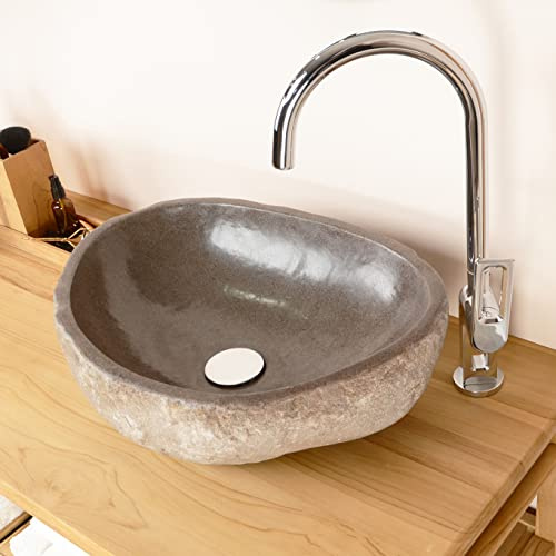 Stein-Waschbecken 50 cm Unikatauswahl nach dem Kauf Bad WC Garten oval innen poliert Handwaschbecken Findling Flußstein-Waschbecken Wohnfreuden