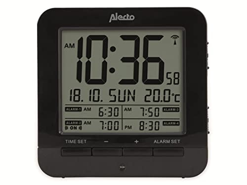 Alecto AK-20 Funkwecker - mit Thermometer - 2 Weckzeiten mit Schlummerfunktion - Datumsanzeige - Funkuhr - schwarz